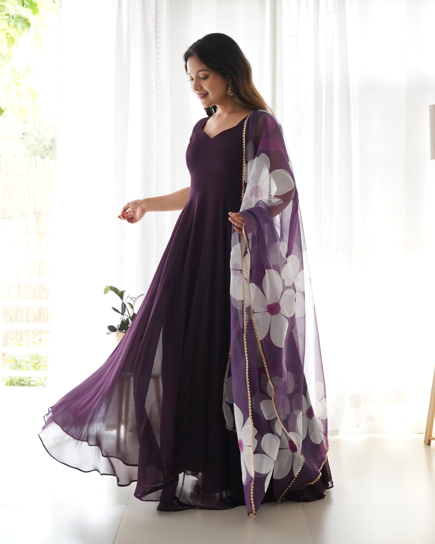 Stunning Wine Pure Soft Fox Georgette Full Flared Gown