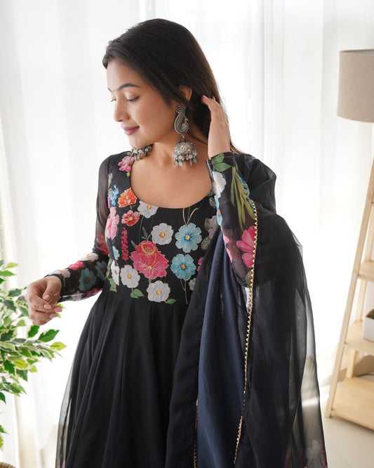 Digitally Printed & Embroidered Yoke Pure Soft Organza Anarkali Suit With Huge Flair Comes With Dupatta