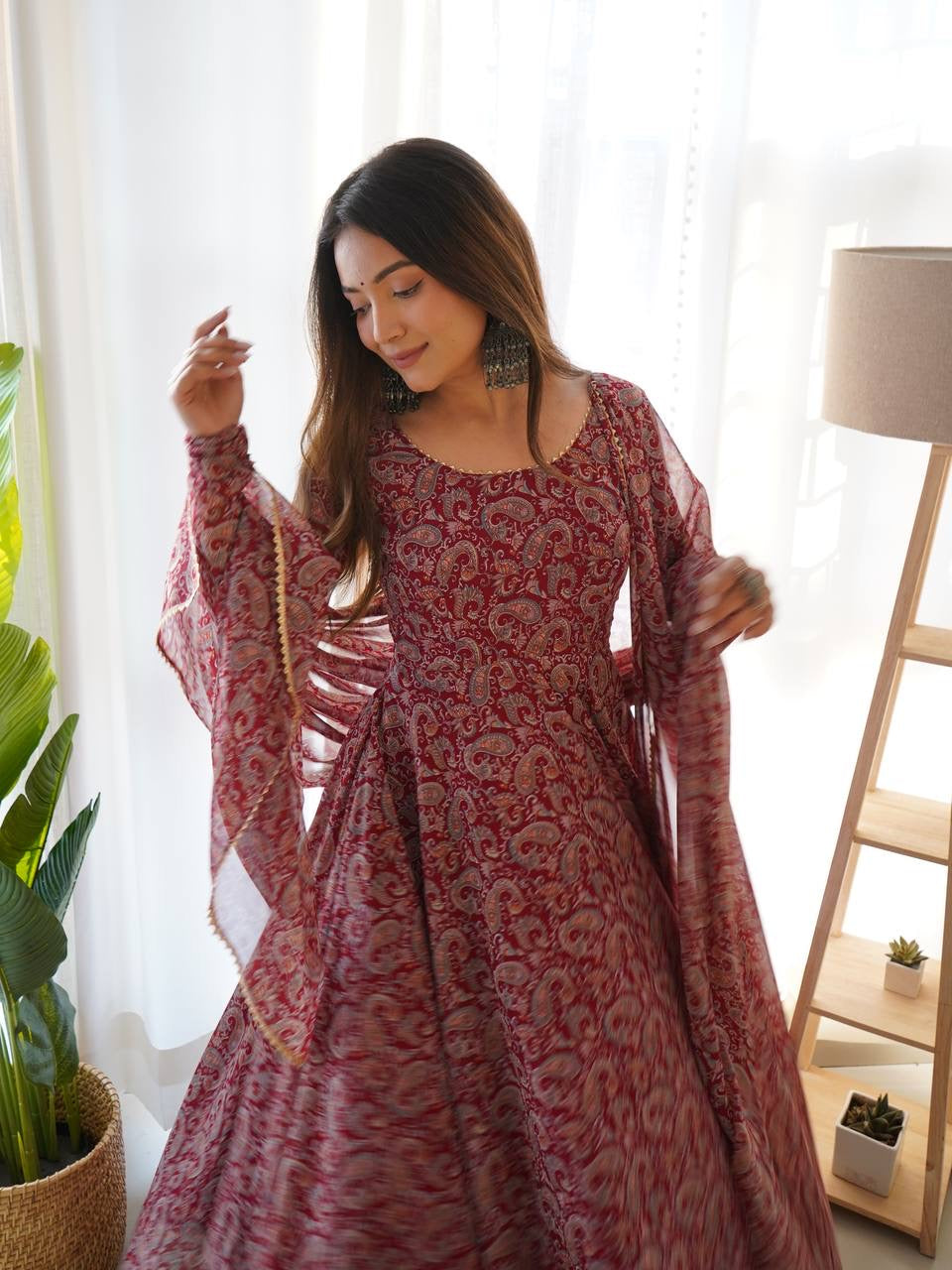 Kalamkari Printed Pure Soft Fox Georgette Anarkali Suit With Huge Flair Comes With Duppatta & Pant