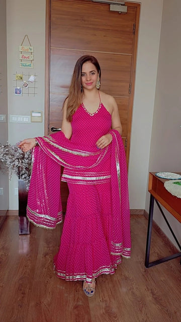 Pink Lehriya Georgette Sharara Set For Woman with Gota Patti Work
