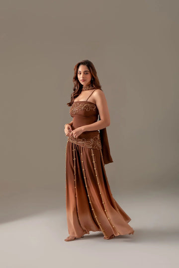 Brown Party Wear Palazzo Sharara Suit Set with Dupatta for Women | Perfect for Wedding & Sangeet Outfit