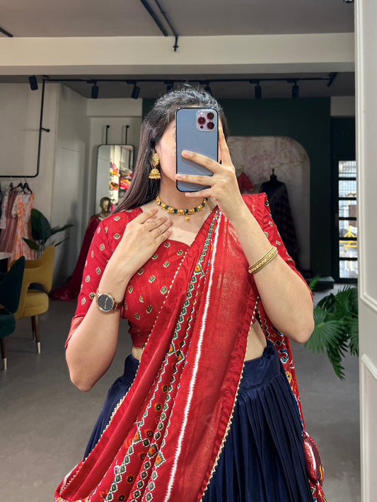 Navy Blue Color Patola Print And Foil Work Dola Silk Lehenga Choli