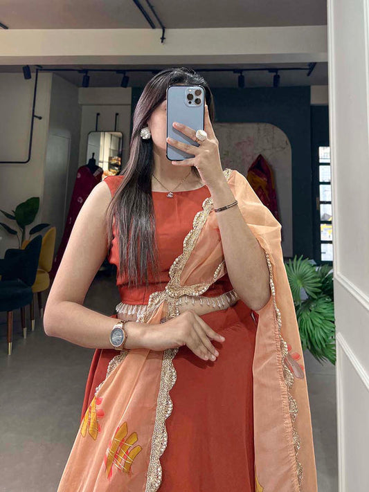 Burnt Color Plain Polyester Viscose Chanderi Lehenga Choli