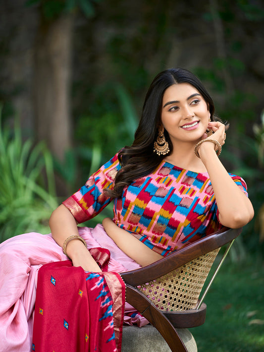 Peach Color Print With Foil Work Tussar Silk Lehenga Choli