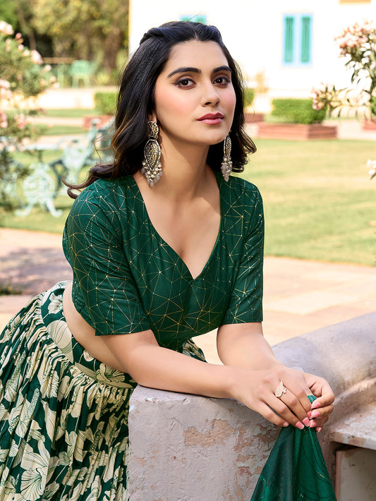 Green Color Floral Print With Foil Work Tussar Silk Lehenga Choli