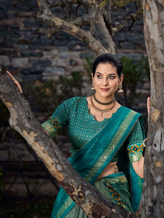 See Green Color Floral Print With Foil Print Tussar Silk Lehenga Choli