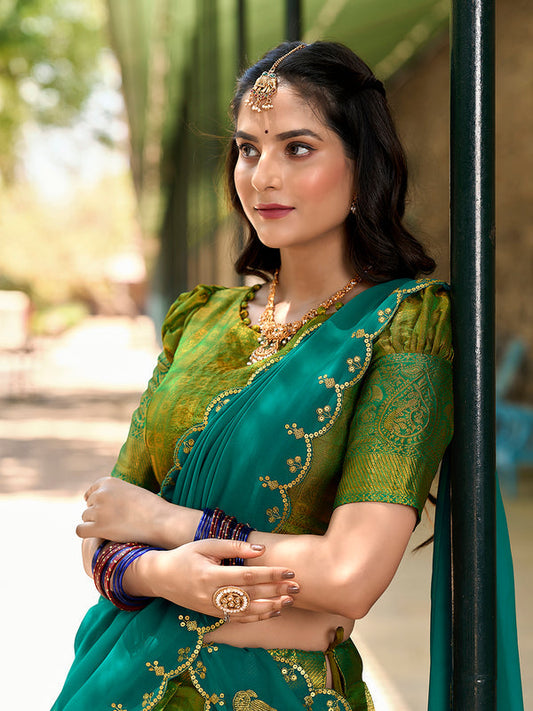 Parrot Color Zari Weaving Work Kanjivaram Wedding Lehenga Choli