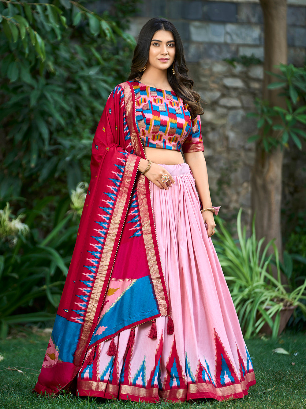Peach Color Print With Foil Work Tussar Silk Lehenga Choli