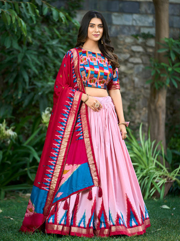 Peach Color Print With Foil Work Tussar Silk Lehenga Choli