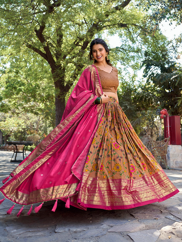 Mustard Color Kalamkari Print With Foil Work Tussar Silk Lehenga Choli