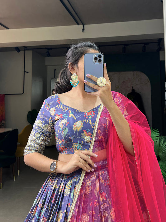 Lavender Color Digital Printed Sequins And Embroider Work Chinon Wedding Lehenga Choli