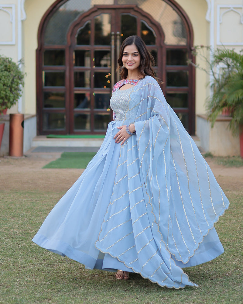 Fancy Neck Faux Georgette Wedding Designer Sky Blue Anarkali Suit