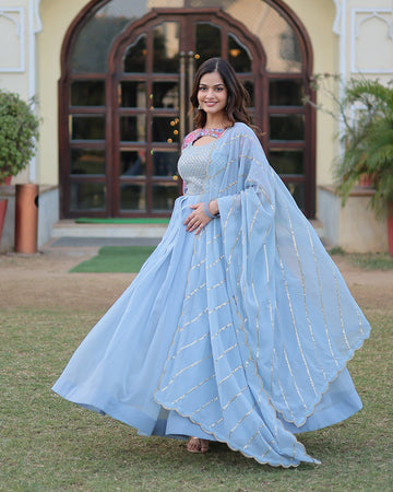Fancy Neck Faux Georgette Wedding Designer Sky Blue Anarkali Suit