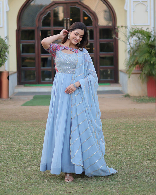 Fancy Neck Faux Georgette Wedding Designer Sky Blue Anarkali Suit