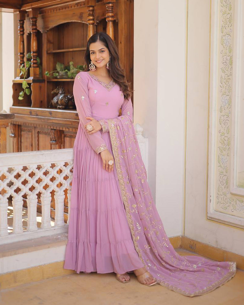 Faux Georgette Designer Laveneder Color Ethnic Gown With Dupatta