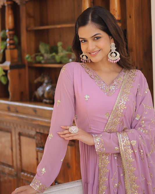 Faux Georgette Designer Laveneder Color Ethnic Gown With Dupatta