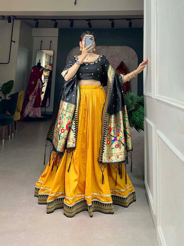 Mustard Color Plain With Paithani Lace Border Vichitra Silk Lehenga Choli
