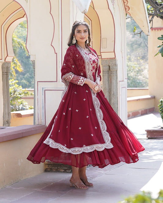 Maroon Color Indian Anarkali Gown With Faux Blooming Dupatta