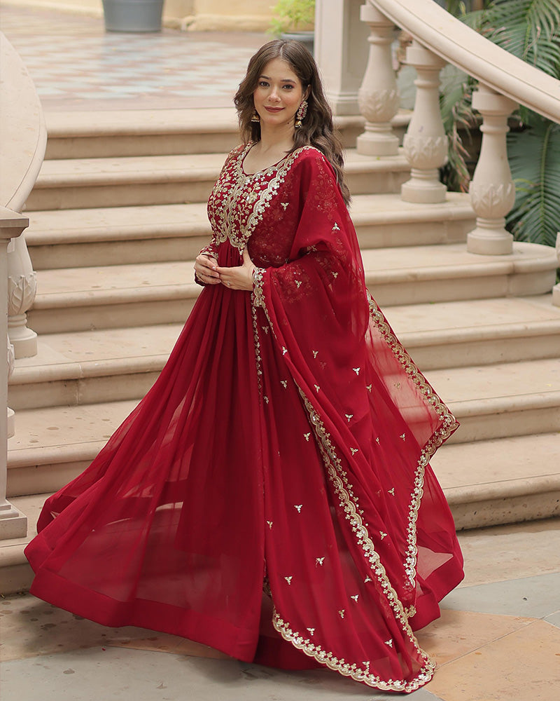 Maroon Color Faux Blooming Multi Embroidered Work Gown