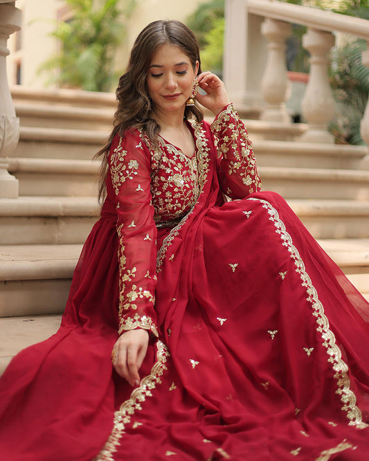 Maroon Color Faux Blooming Multi Embroidered Work Gown