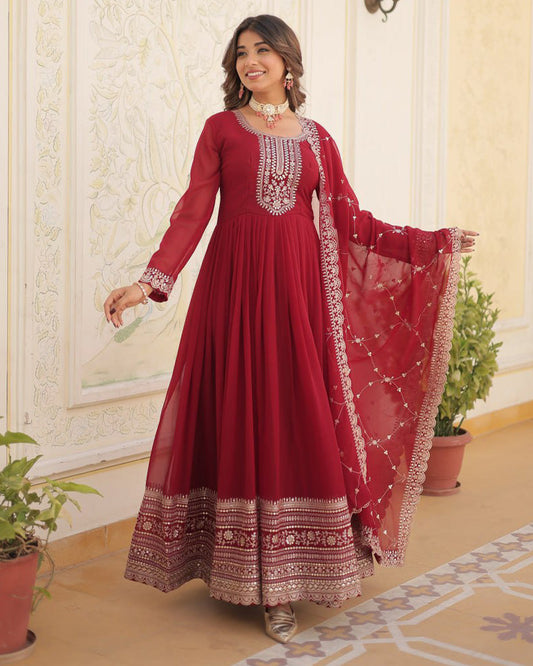 Wedding Wear Faux Blooming Rich Sequence Maroon Gown With Dupatta