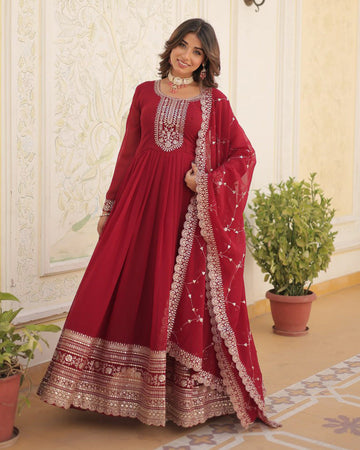 Wedding Wear Faux Blooming Rich Sequence Maroon Gown With Dupatta