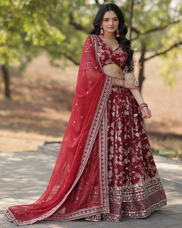 Pure Viscose Jacquard Maroon Lehenga Choli