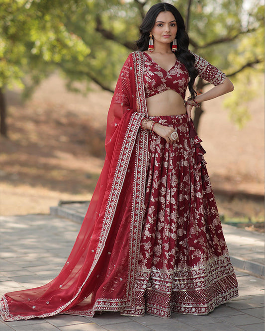 Pure Viscose Jacquard Maroon Lehenga Choli