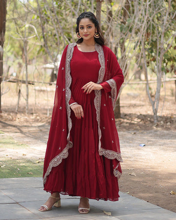 Maroon color Full Flared Gown with Embroidered Dupatta