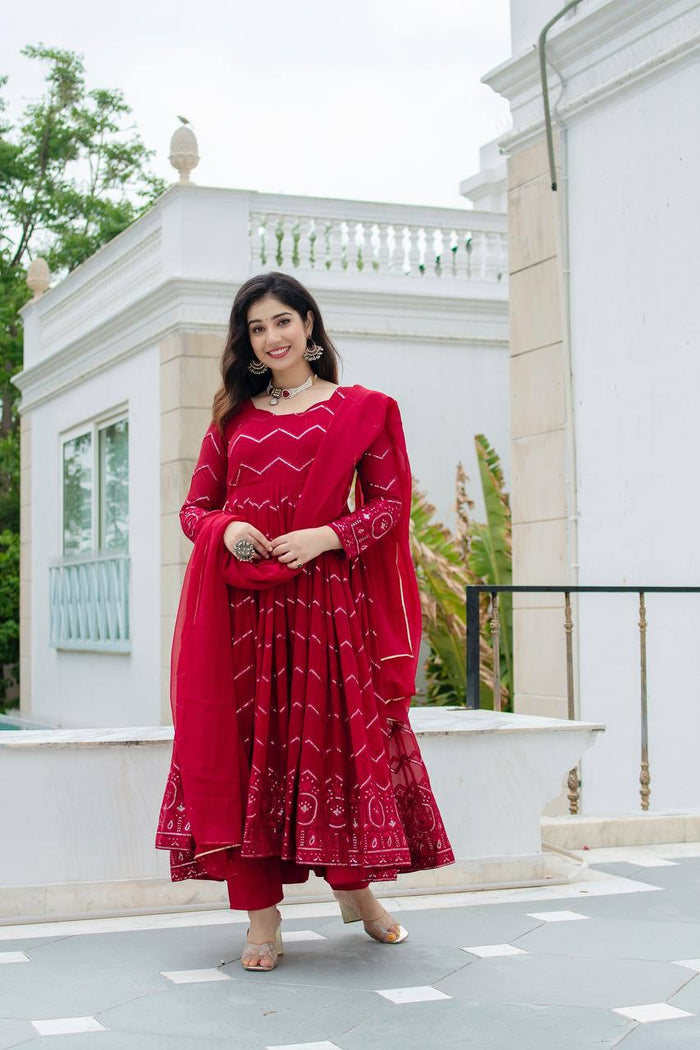 Maroon Georgette Embroidered Anarkali Suit With Dupatta