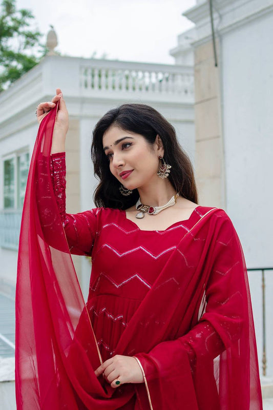 Maroon Georgette Embroidered Anarkali Suit With Dupatta