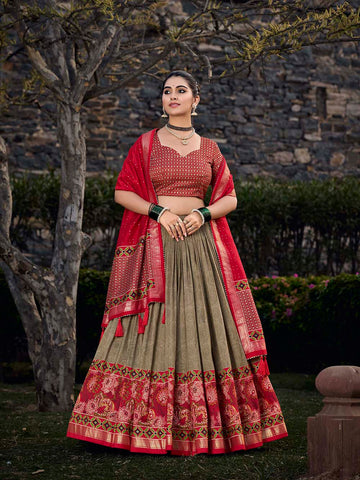 Mehandi Color Floral Print With Foil Print Tussar Silk Lehenga Choli