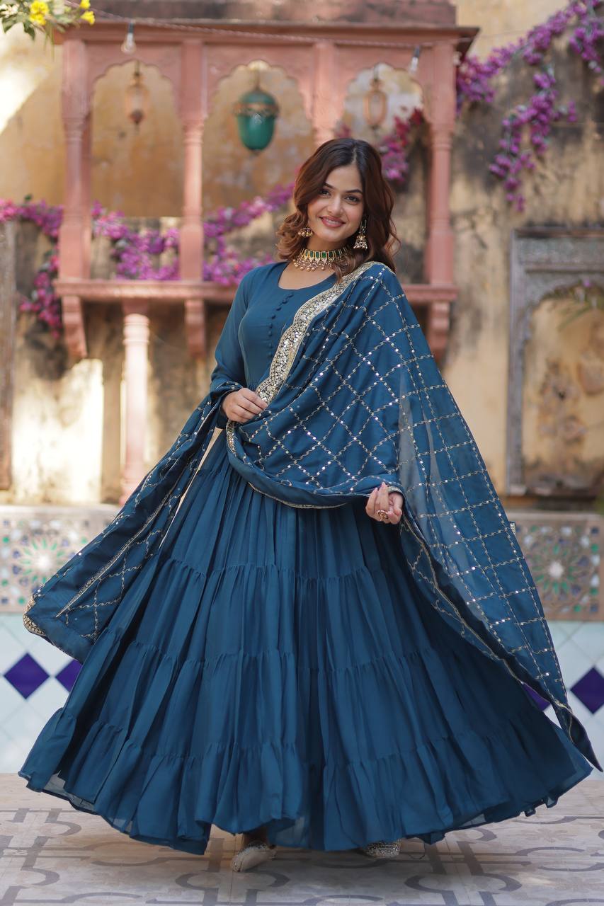 Morpeach Color Star Georgette Gown With Embroidered Dupatta