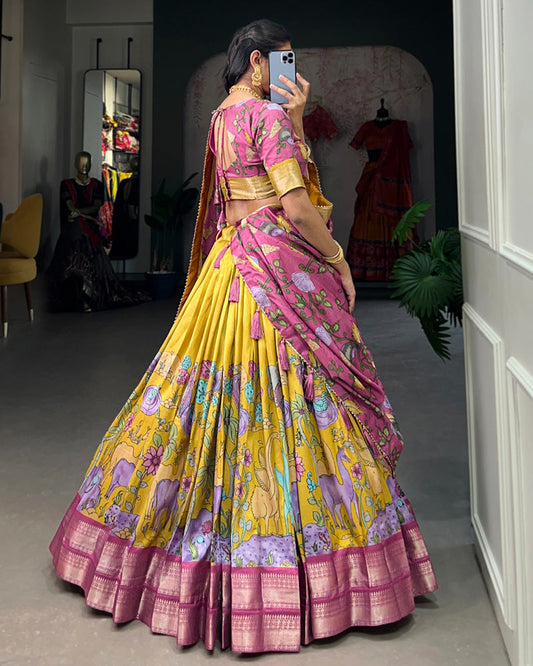 Mustard Color Dola Silk Designer Kalamkari Print Lehenga Choli