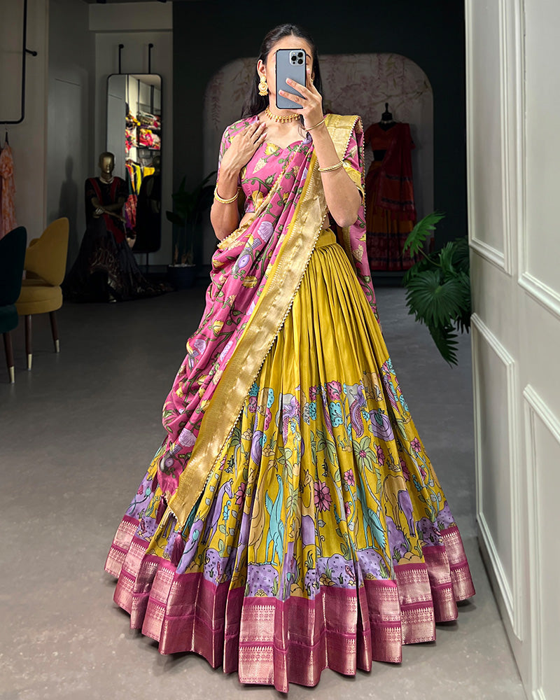 Mustard Color Dola Silk Designer Kalamkari Print Lehenga Choli