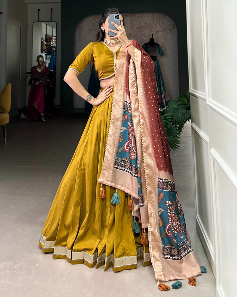 Mustard Color Pure Chinon Silk Plain Lehenga Choli