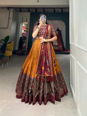 Mustard Color Print With Foil Work Tussar Silk Lehenga Choli