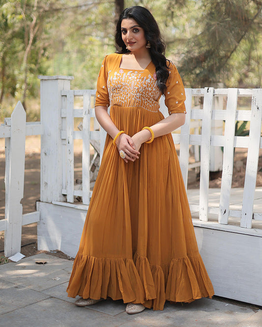 Mustard Yellow Color Faux Georgette Embroidered Anarkali Gown