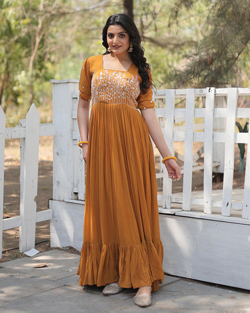 Mustard Yellow Color Faux Georgette Embroidered Anarkali Gown