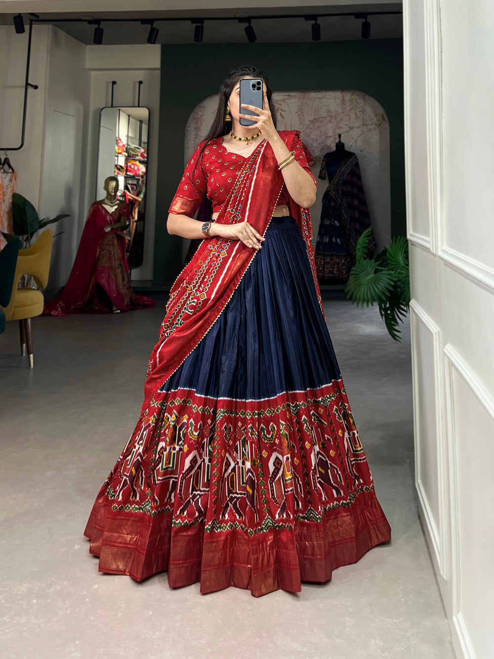 Navy Blue Color Patola Print And Foil Work Dola Silk Lehenga Choli