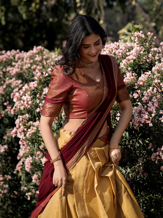 Cream Color Zari Weaving Work Kanchipuram Lehenga Choli