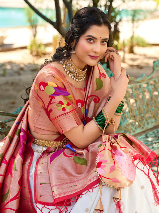 White Color Weaving Zari Work Jacquard Silk Lehenga Choli