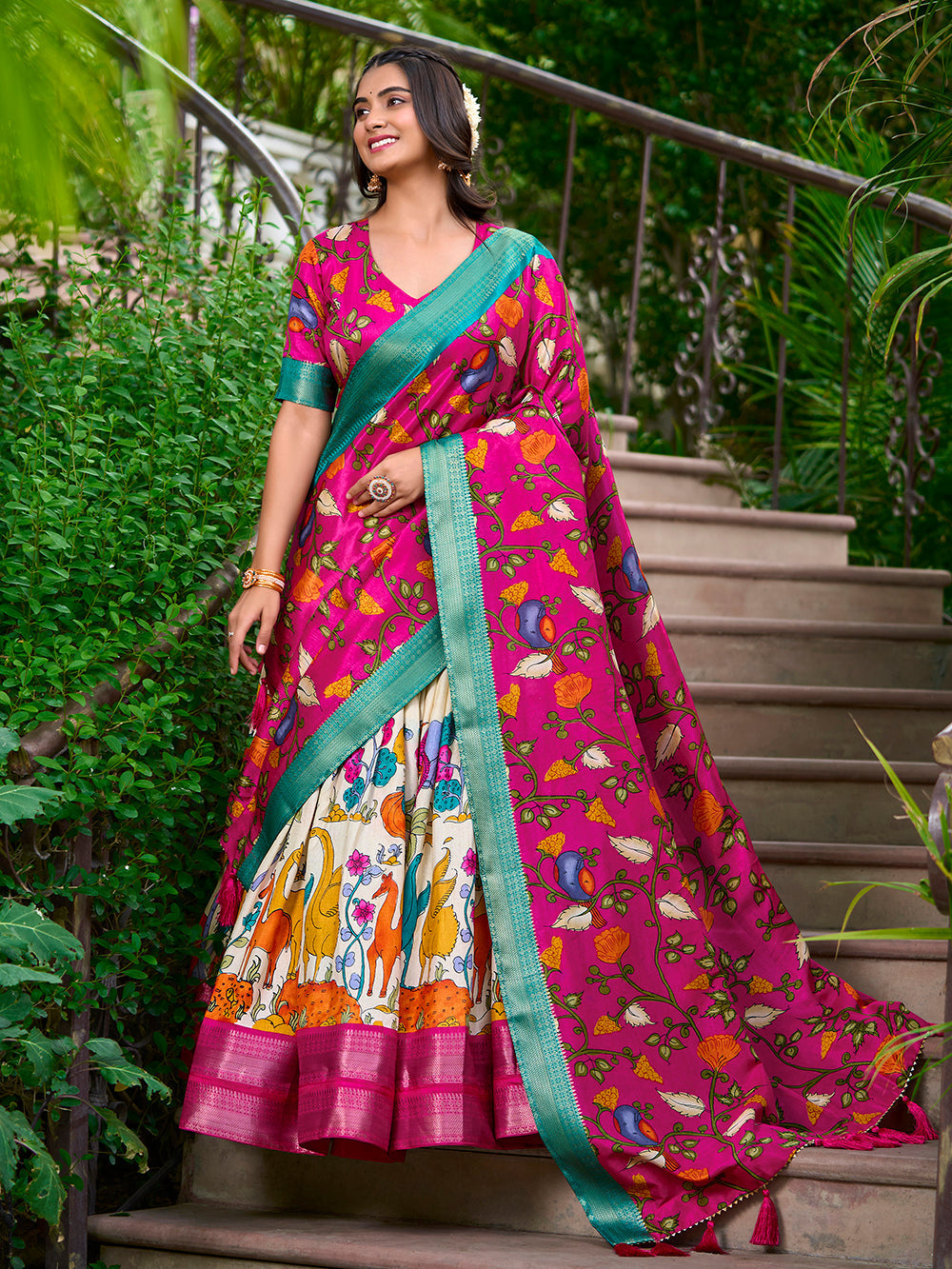 White Color Kalamkari Print With Zari Weaving Dola Silk Lehenga Choli