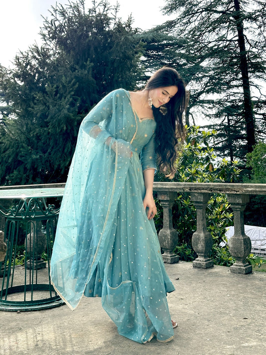 Parthi Sky Blue Anarkali Suit with Net Dupatta