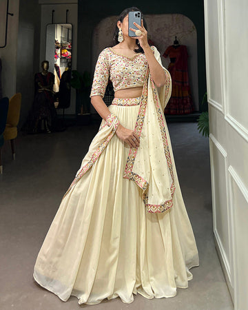 Off-White Color Georgette Thread Embroidered Lehenga Choli