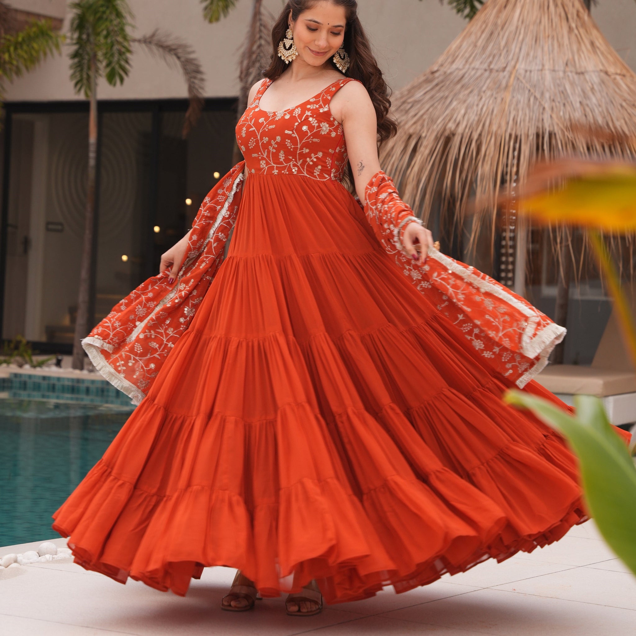 Orange Color Georgette Five Layer Ruffle Style Anarkali Gown Orange Color Georgette Five Layer Ruffle Style Anarkali Gown