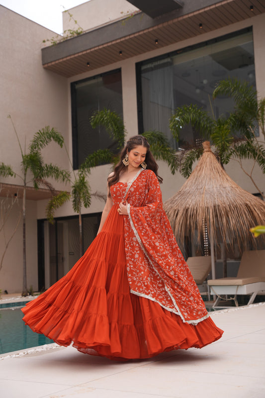 Orange Color Georgette Five Layer Ruffle Style Anarkali Gown