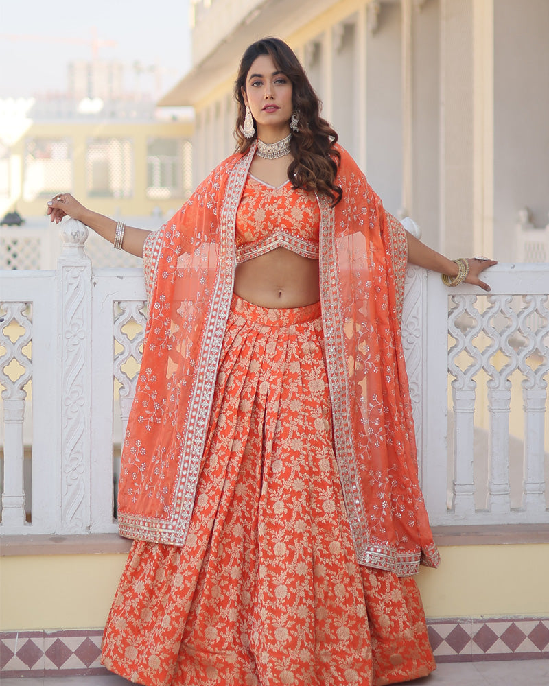 Pure Viscose Jacquard Orange Lehenga Choli