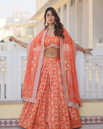 Pure Viscose Jacquard Orange Lehenga Choli