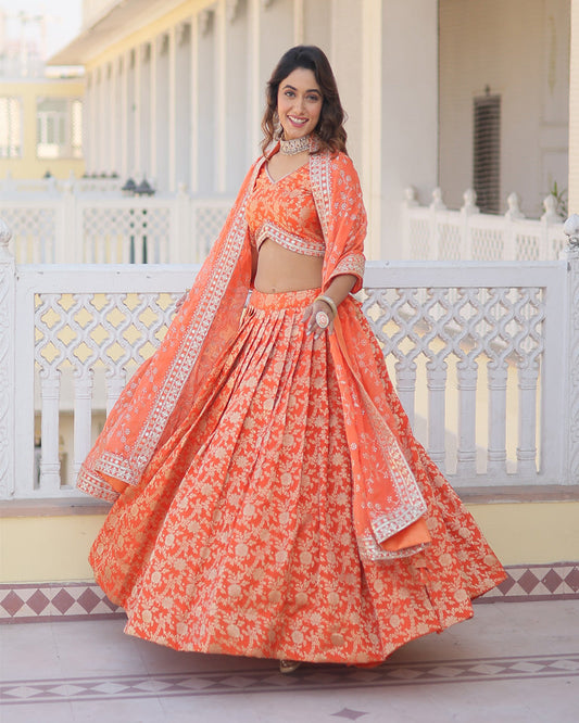 Pure Viscose Jacquard Orange Lehenga Choli